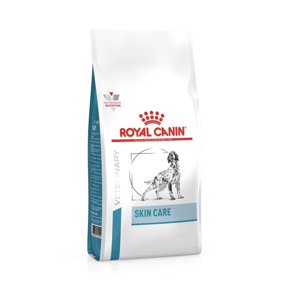 Sac Royal Canin Skin Care, blanc. Logo, nom du produit et image de chien. 2 kg.