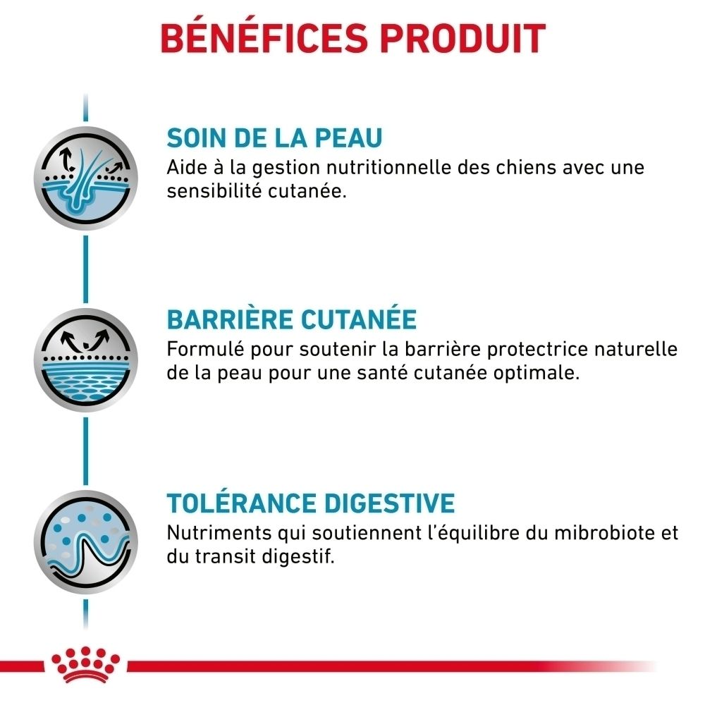 Royal Canin VET-D Skin Care Adult : Bénéfices produit pour la peau et la digestion.