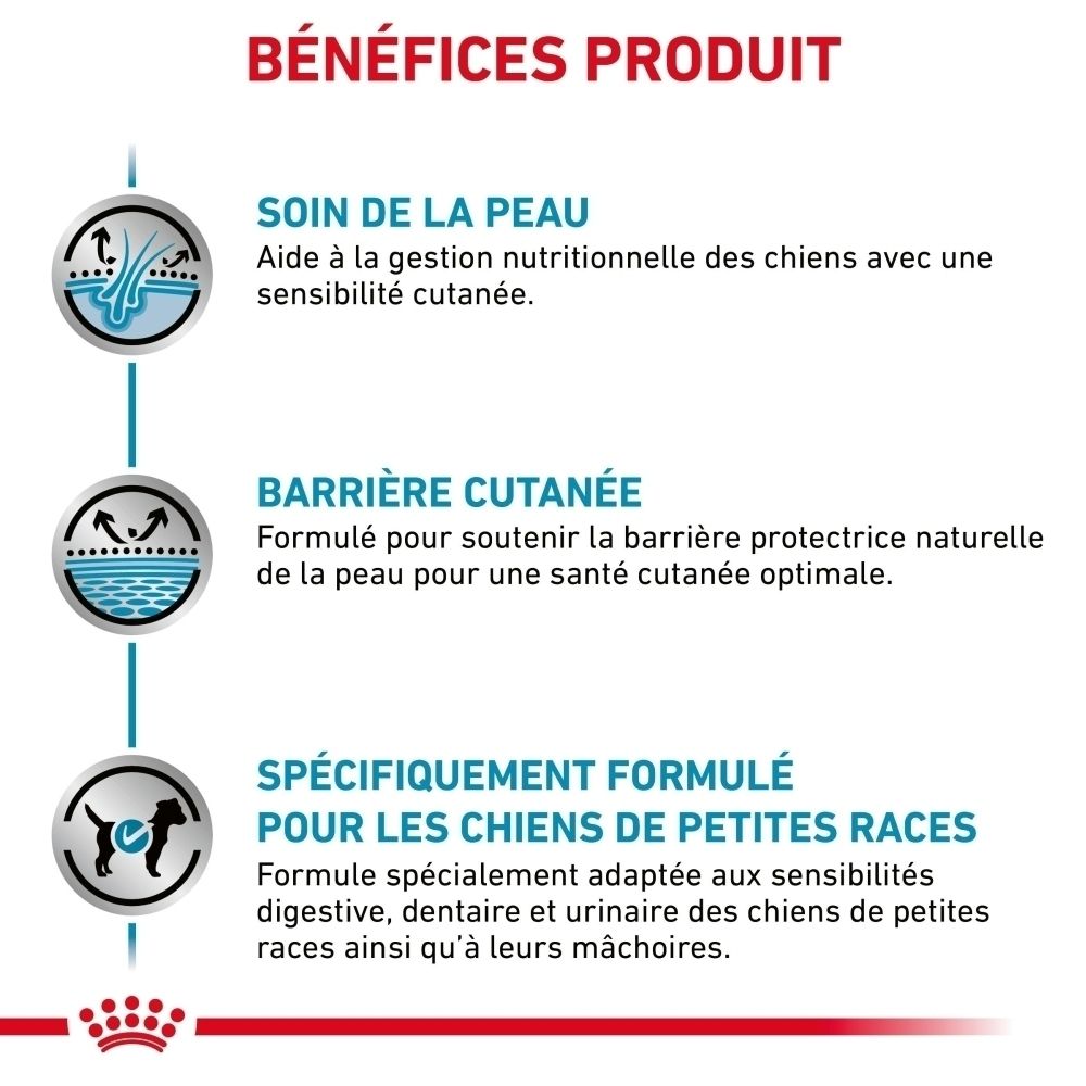 Sac Royal Canin Veterinary Skin Care Small Dogs, verso avec détails.