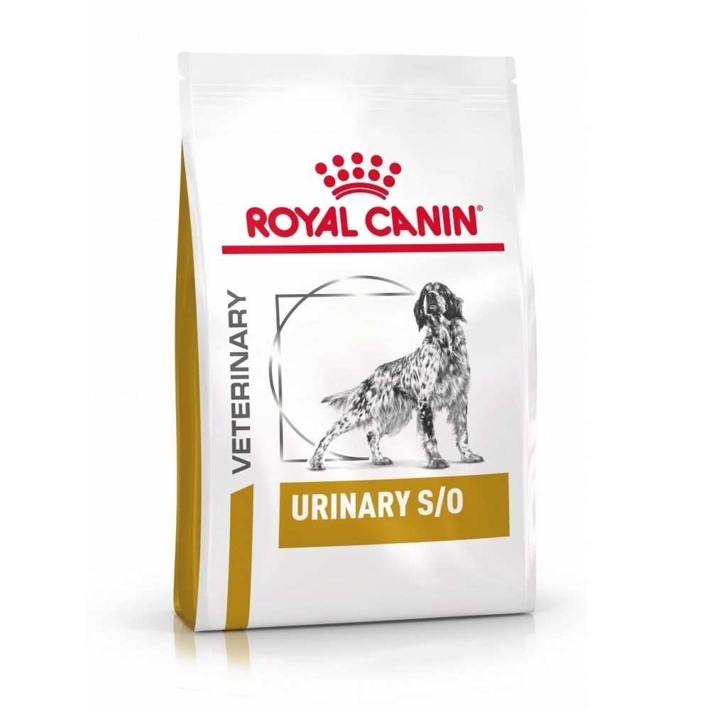 Face avant de l'emballage de nourriture pour chien ROYAL CANIN® Urinary S/O, avec image de chien et nom du produit.