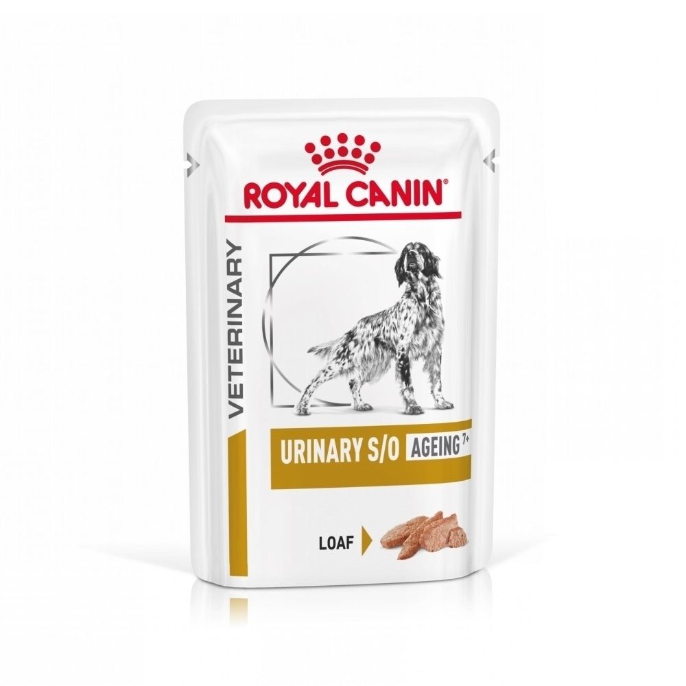 Pochette Royal Canin Urinary S/O Ageing 7+. Nourriture pour chien en sachet avec illustration de chien.