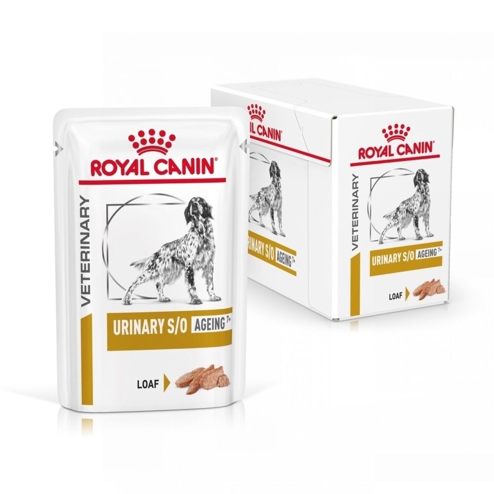 Boîte Royal Canin Urinary S/O Ageing 7+. 12 sachets de 85g. Nourriture pour chien avec illustration de chien.