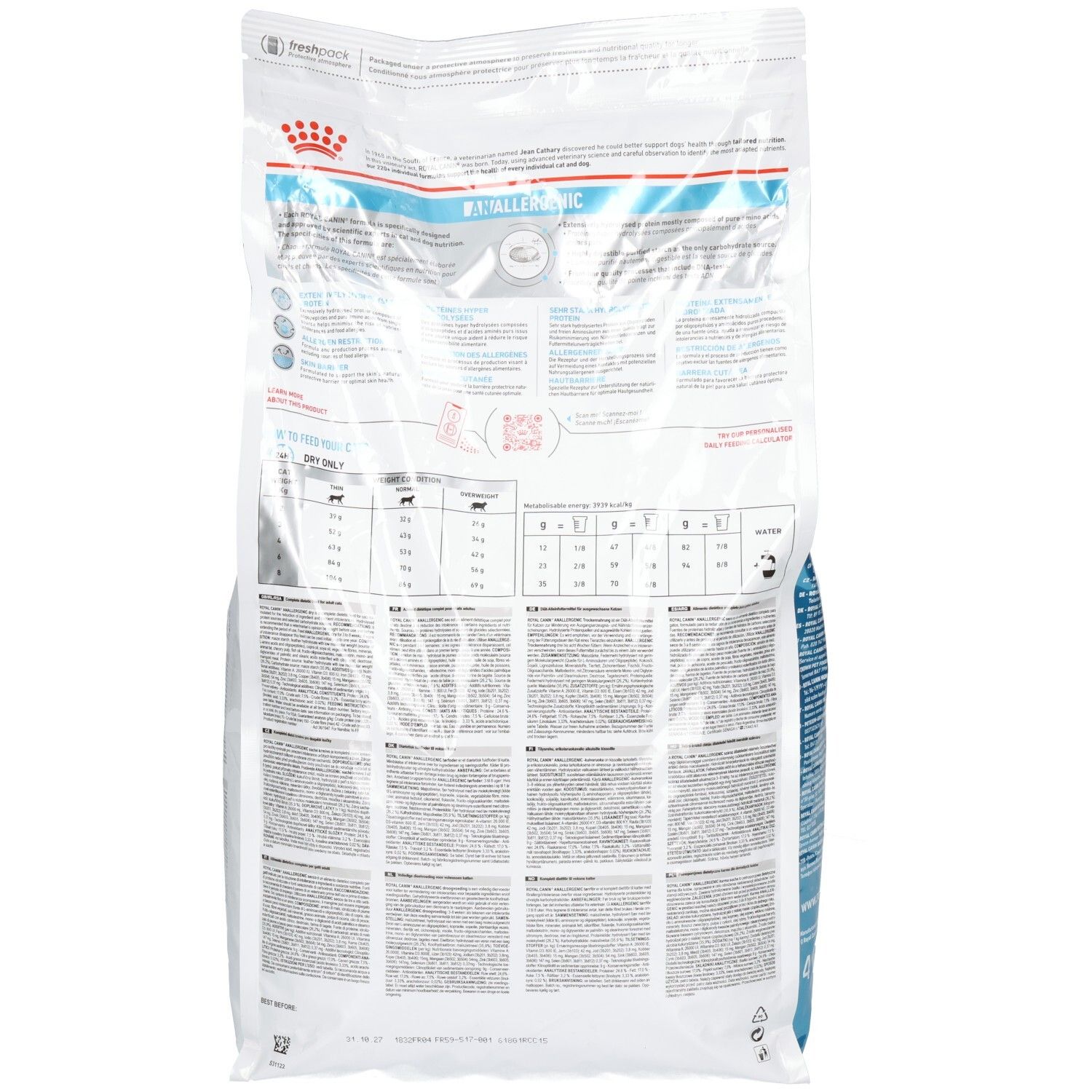 Arrière d'un sac de 4 kg de nourriture Royal Canin Anallergenic pour chats, avec informations nutritionnelles.