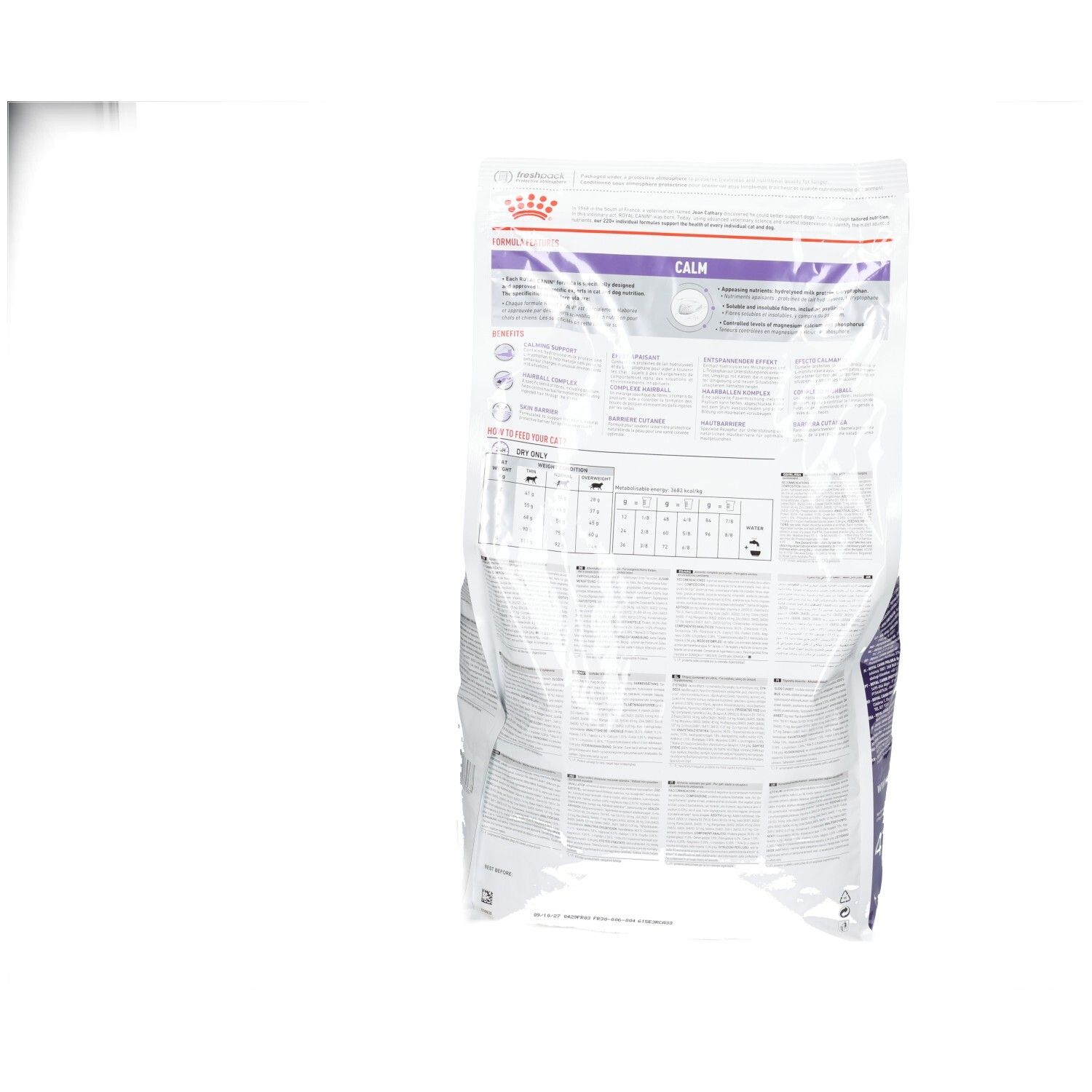 Arrière d'un sac Royal Canin VET-C Calm 4kg avec tableaux de nutrition détaillés et informations produit.