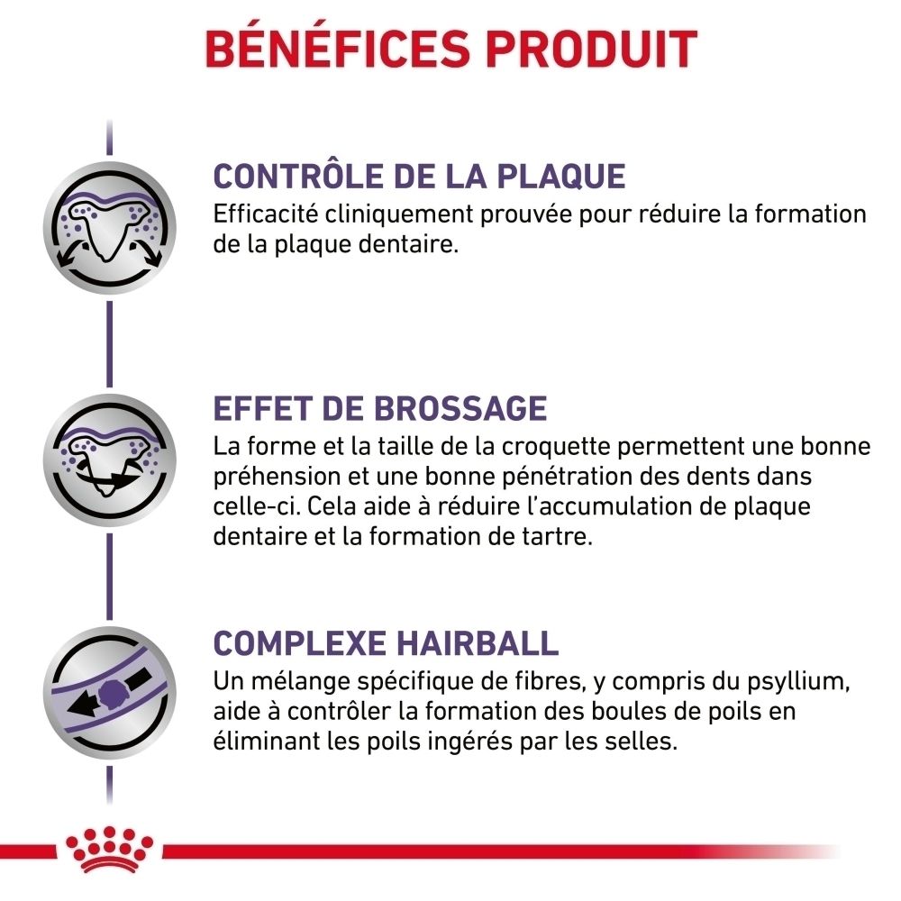 Graphique avec trois sections : Contrôle de la plaque, Effet brossage et Complexe Hairball. Illustre les bienfaits pour la santé dentaire des animaux.