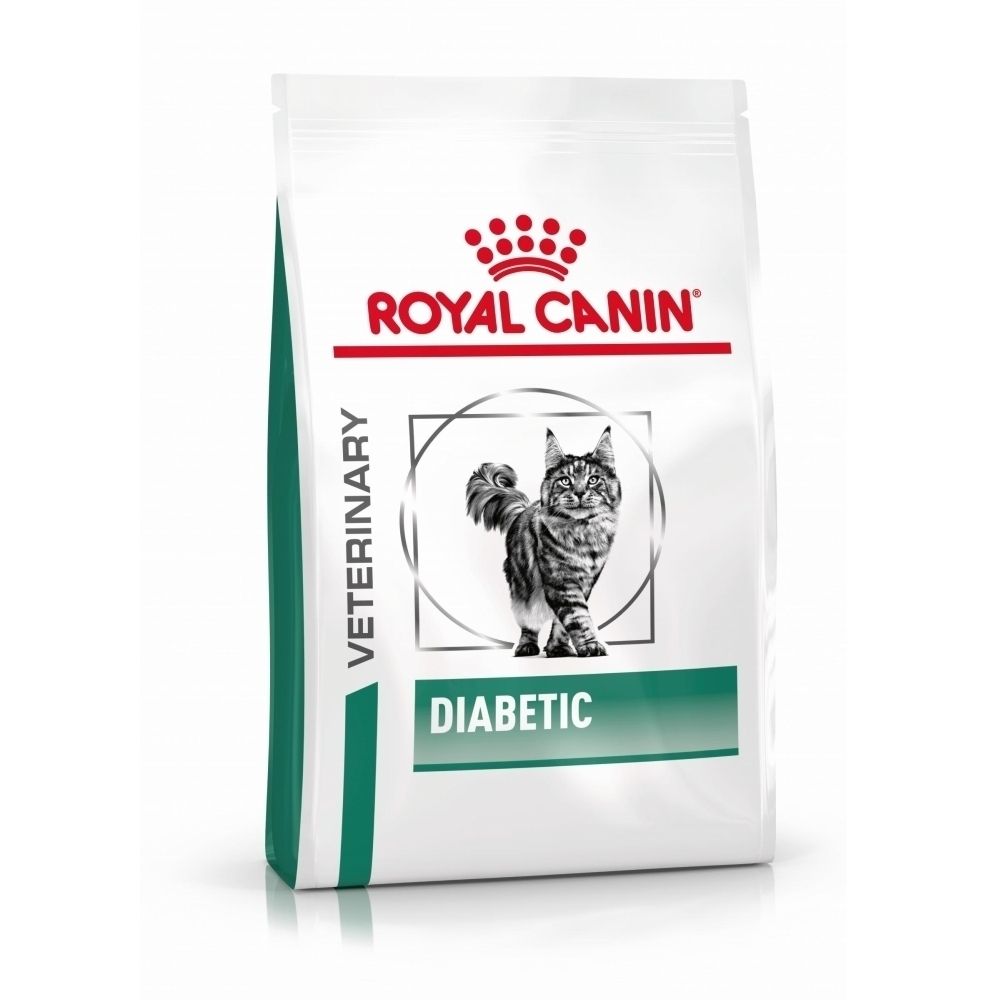Sac de croquettes Royal Canin Veterinary Diabetic pour chat, avec une illustration de chat.