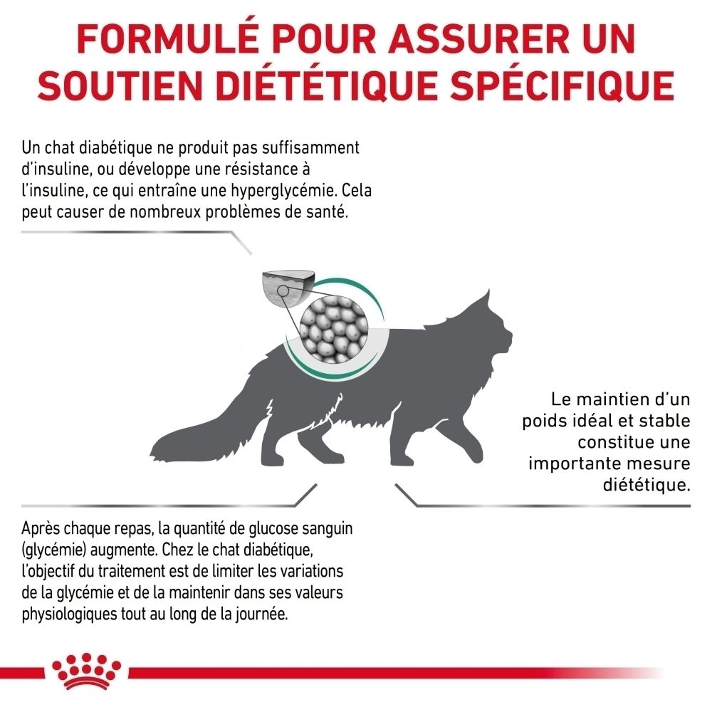 Sac de 1,5 kg de croquettes Royal Canin Veterinary Diabetic pour chat, avec une illustration de chat.