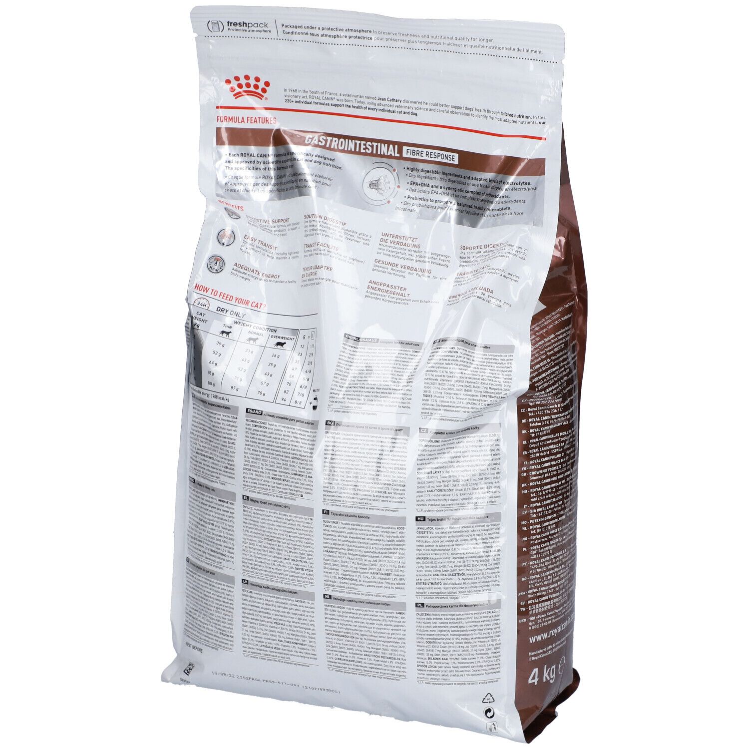 Arrière d'un sac de 4 kg Royal Canin Veterinary Gastrointestinal Fibre Response avec tableau d'alimentation.