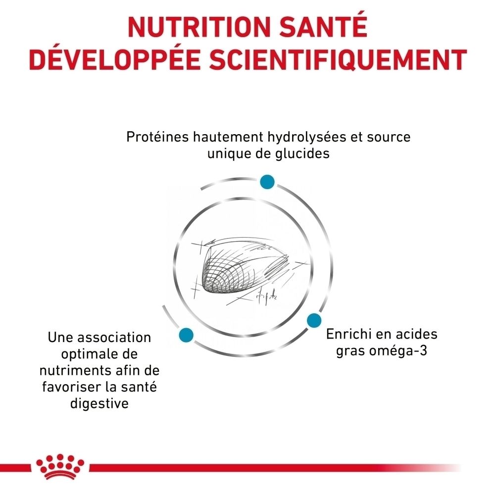 Graphique avec texte : Nutrition santé développée scientifiquement. Contient des protéines hydrolysées, des glucides, des oméga-3 et des nutriments pour la digestion.