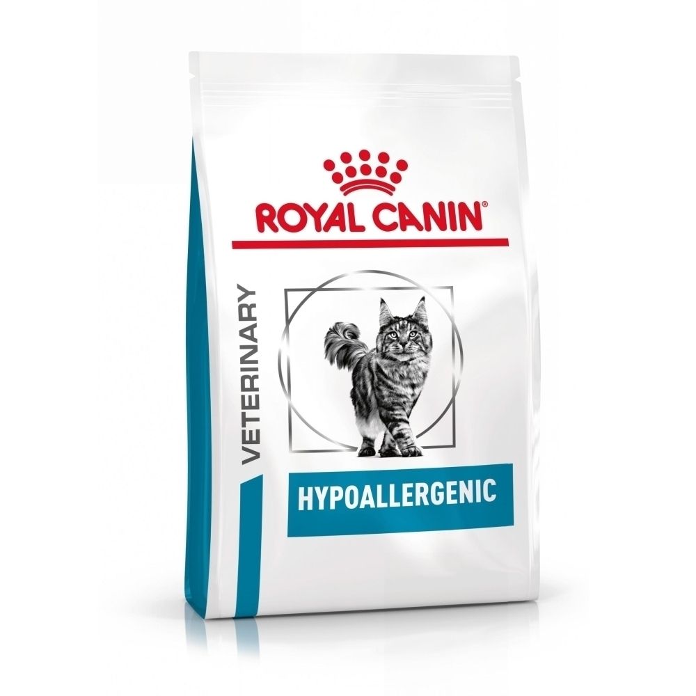 Sac de nourriture vétérinaire Royal Canin Hypoallergénique pour chat avec image de chat.