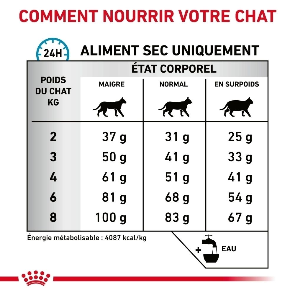 Tableau de nutrition féline : Quantité de nourriture sèche en grammes selon le poids et la condition corporelle.