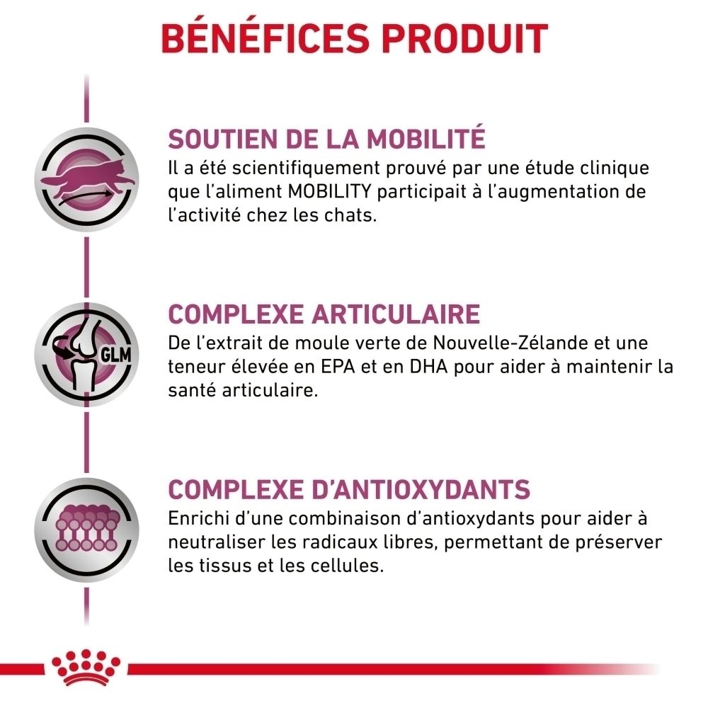 Sac Royal Canin Veterinary Mobility pour chats, 2 kg, vue arrière avec texte.