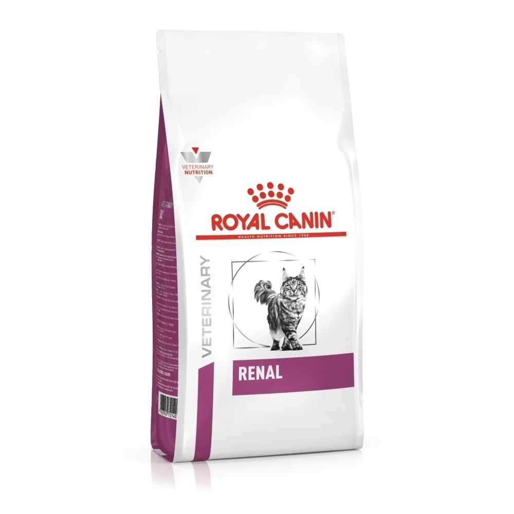 Sac de croquettes Royal Canin Veterinary Renal pour chat, avec illustration de chat.