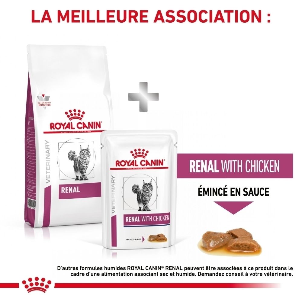Sac de croquettes Royal Canin Veterinary Renal pour chat, avec illustration de chat.