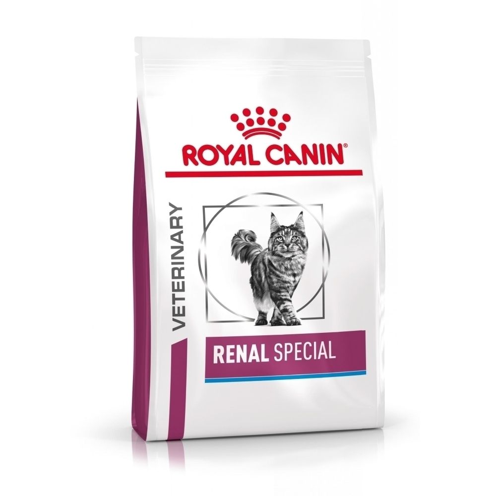 Sac de nourriture ROYAL CANIN Veterinary Feline Renal Special avec un chat et le nom du produit.