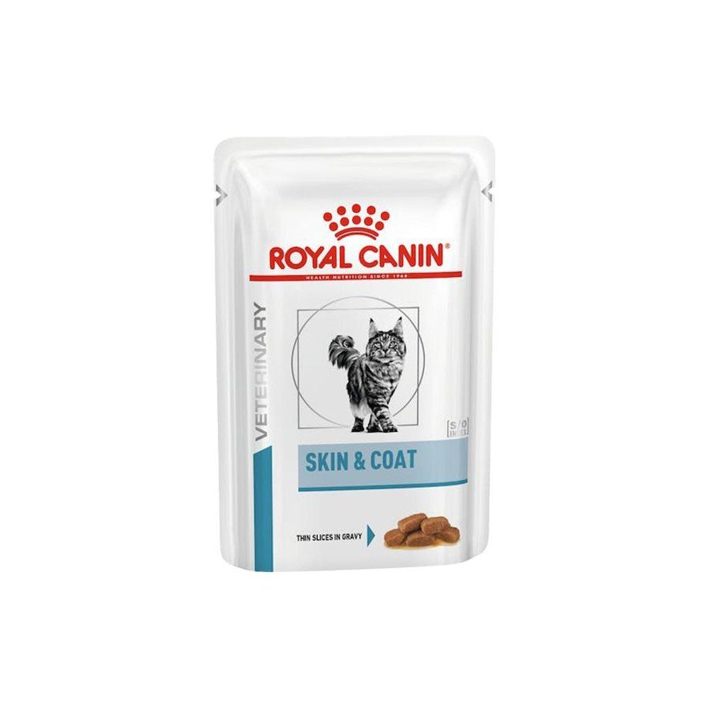 Sachet Royal Canin Veterinary Skin & Coat de 85g. Fines tranches en sauce. Chat et nourriture représentés.