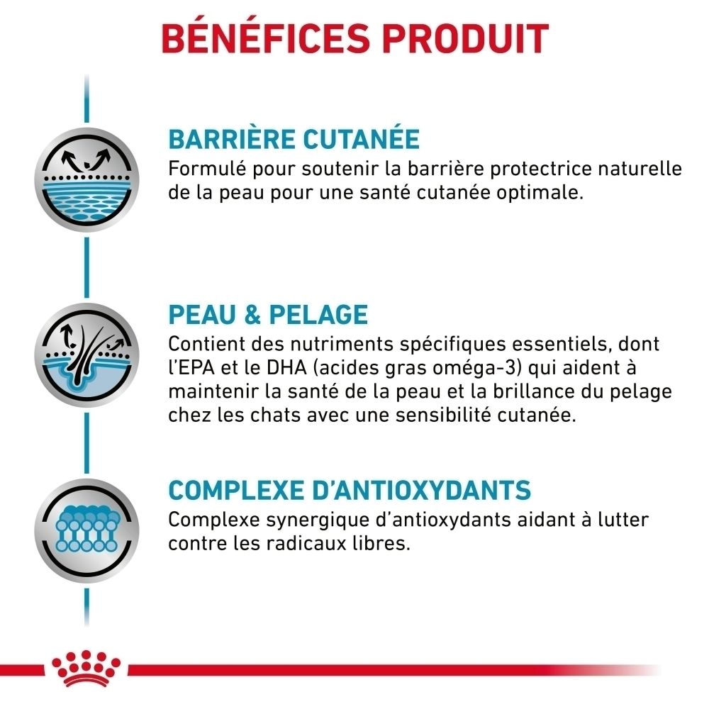 Bénéfices produit : Barrière cutanée, Peau & Pelage, Complexe d'antioxydants. Icônes : protection cutanée, cheveux, molécules.