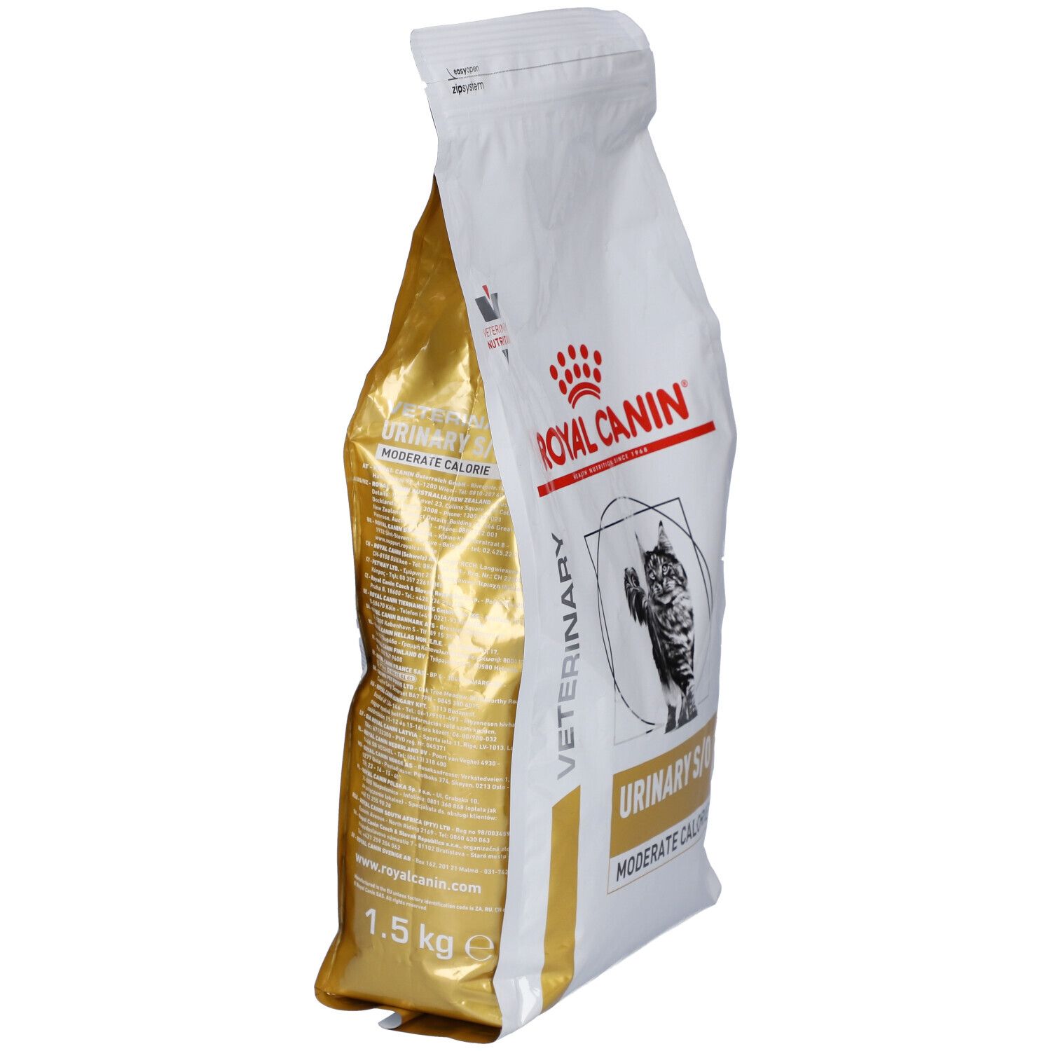 Sac ROYAL CANIN Urinary S/O Moderate Calorie ouvert. Intérieur doré visible. 1,5 kg.