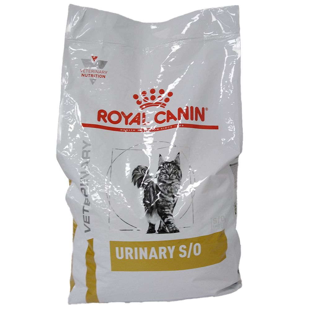 Emballage Royal Canin Veterinary Feline Urinary S/O. Sac blanc avec logo, chat et texte. Bande jaune en bas.