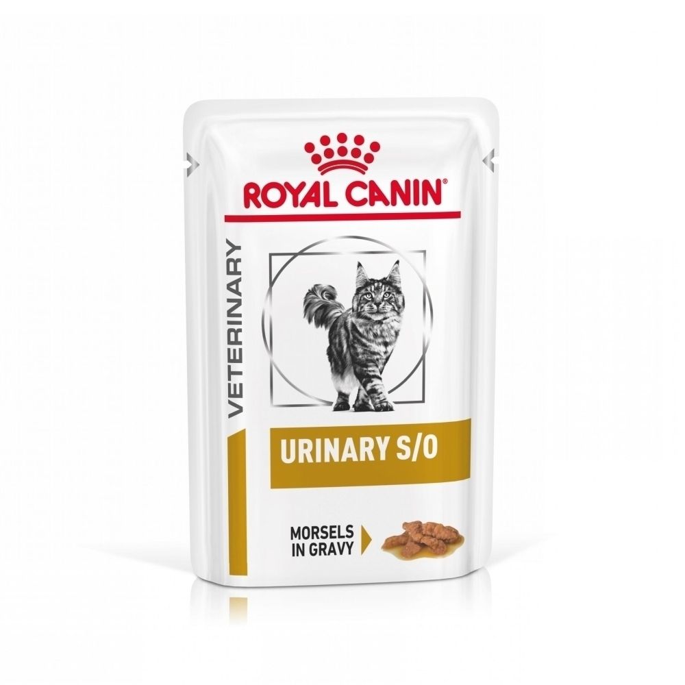 Sachet ROYAL CANIN Veterinary Urinary S/O avec motif de chat et informations produit.