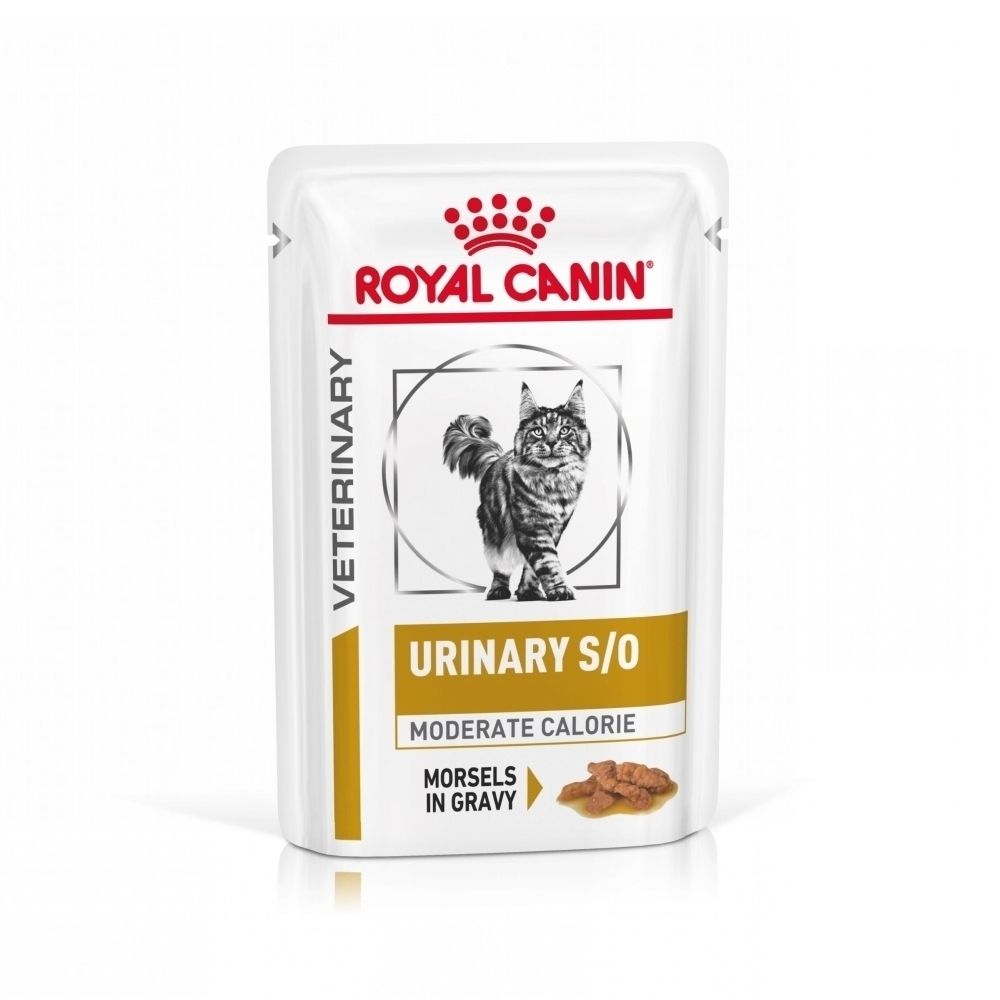 Sachet de nourriture Royal Canin Veterinary Urinary S/O Moderate Calorie pour chat, avec une image de chat.