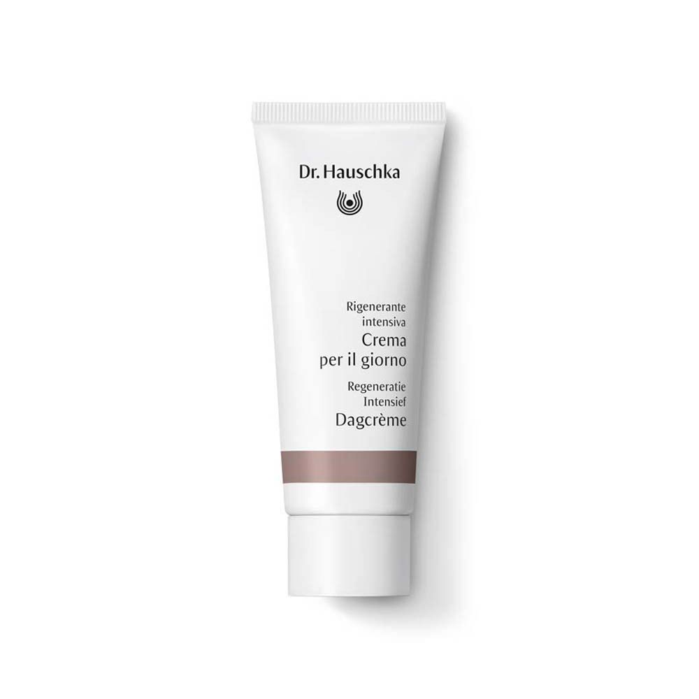 Tube blanc avec inscription: Dr. Hauschka, Crème pour le jour, Regeneration Dagcrème Intensief. Bande marron.