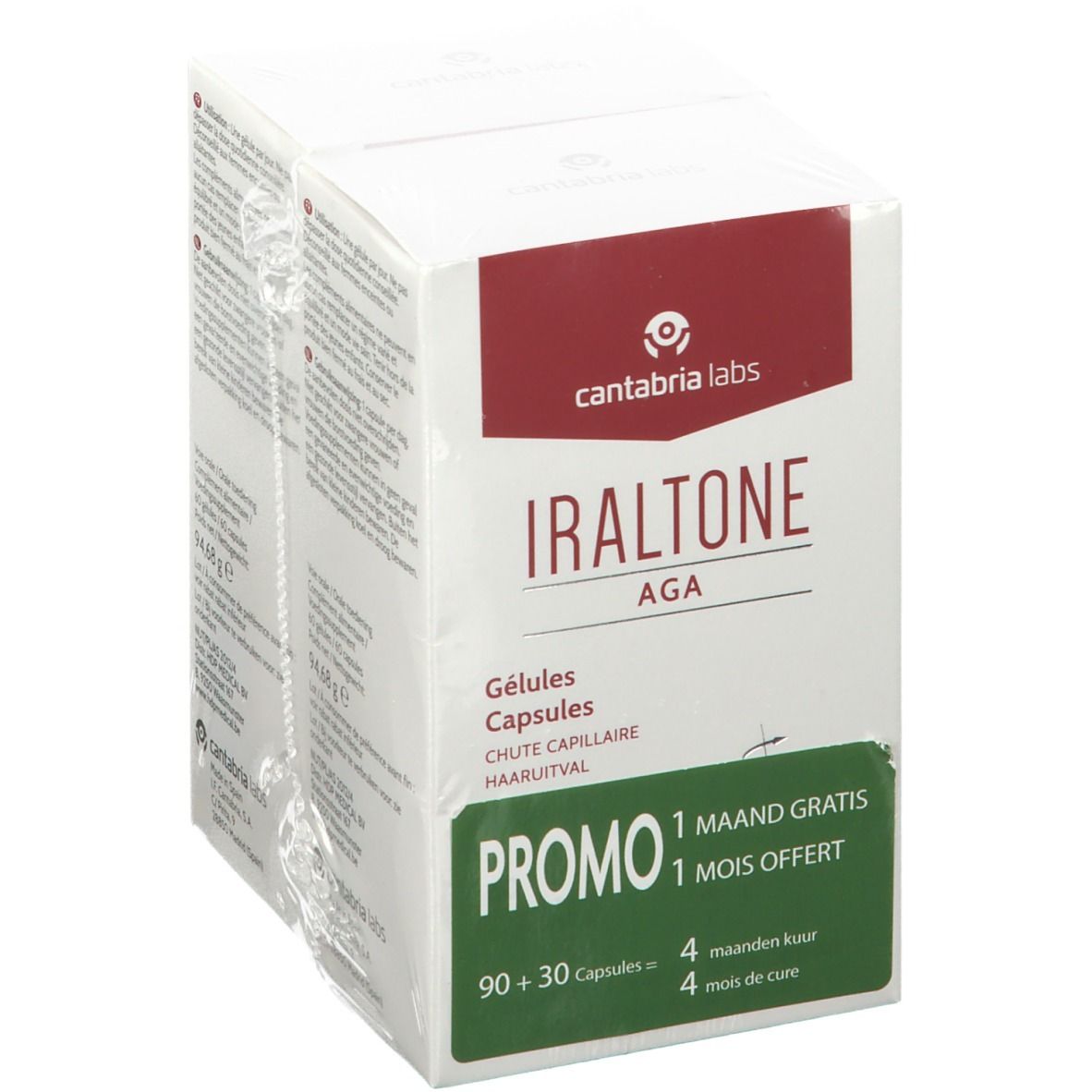 Boîte blanche "Iraltone AGA" avec "Promo". Contient 90+30 gélules.  Emballage promotionnel.