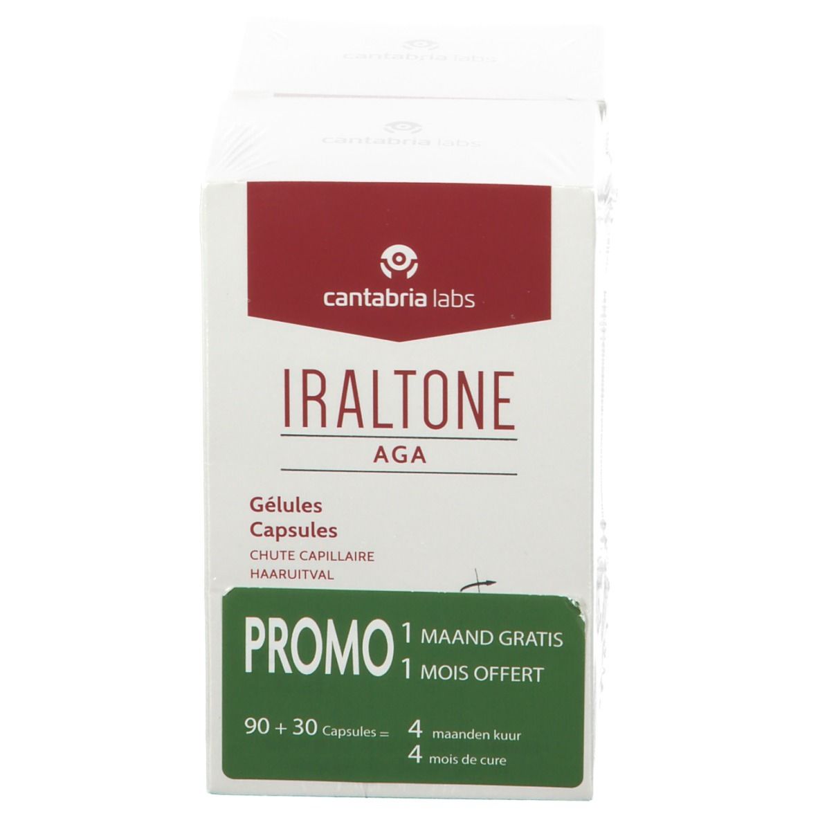 Boîte blanche "Iraltone AGA" avec "Promo". Contient 90+30 gélules.  Emballage promotionnel.