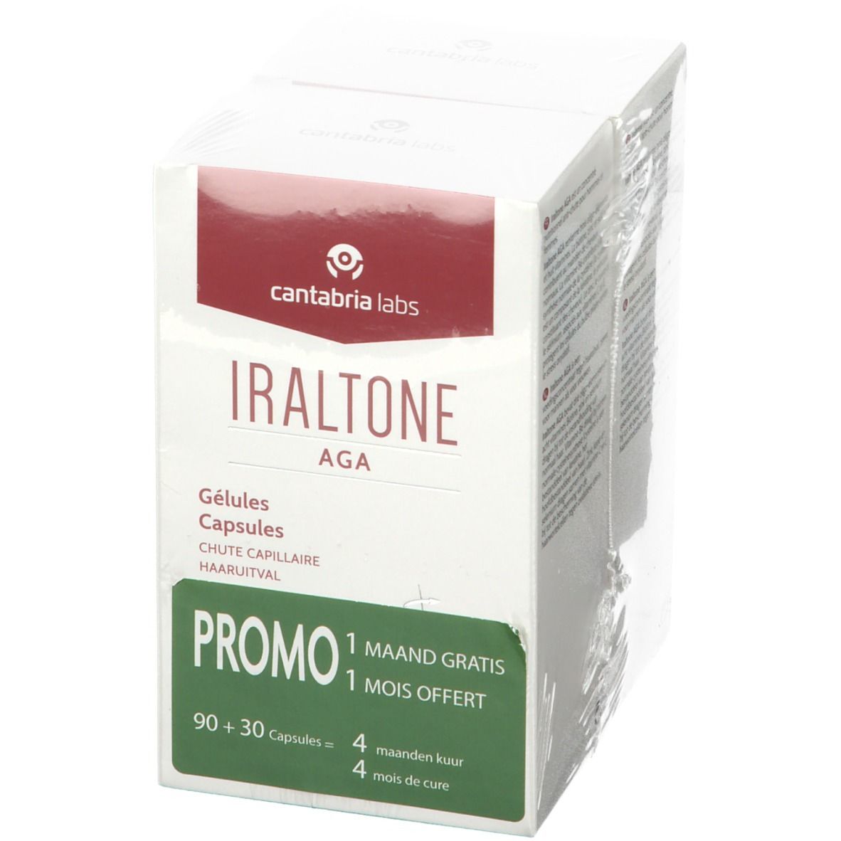 Boîte blanche "Iraltone AGA" avec "Promo". Contient 90+30 gélules. Emballé dans du film.
