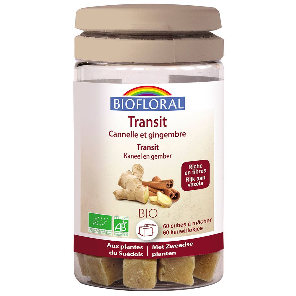 Flacon transparent avec cubes beiges. Inscription: Biofloral Transit, Cannelle et gingembre. Label bio.
