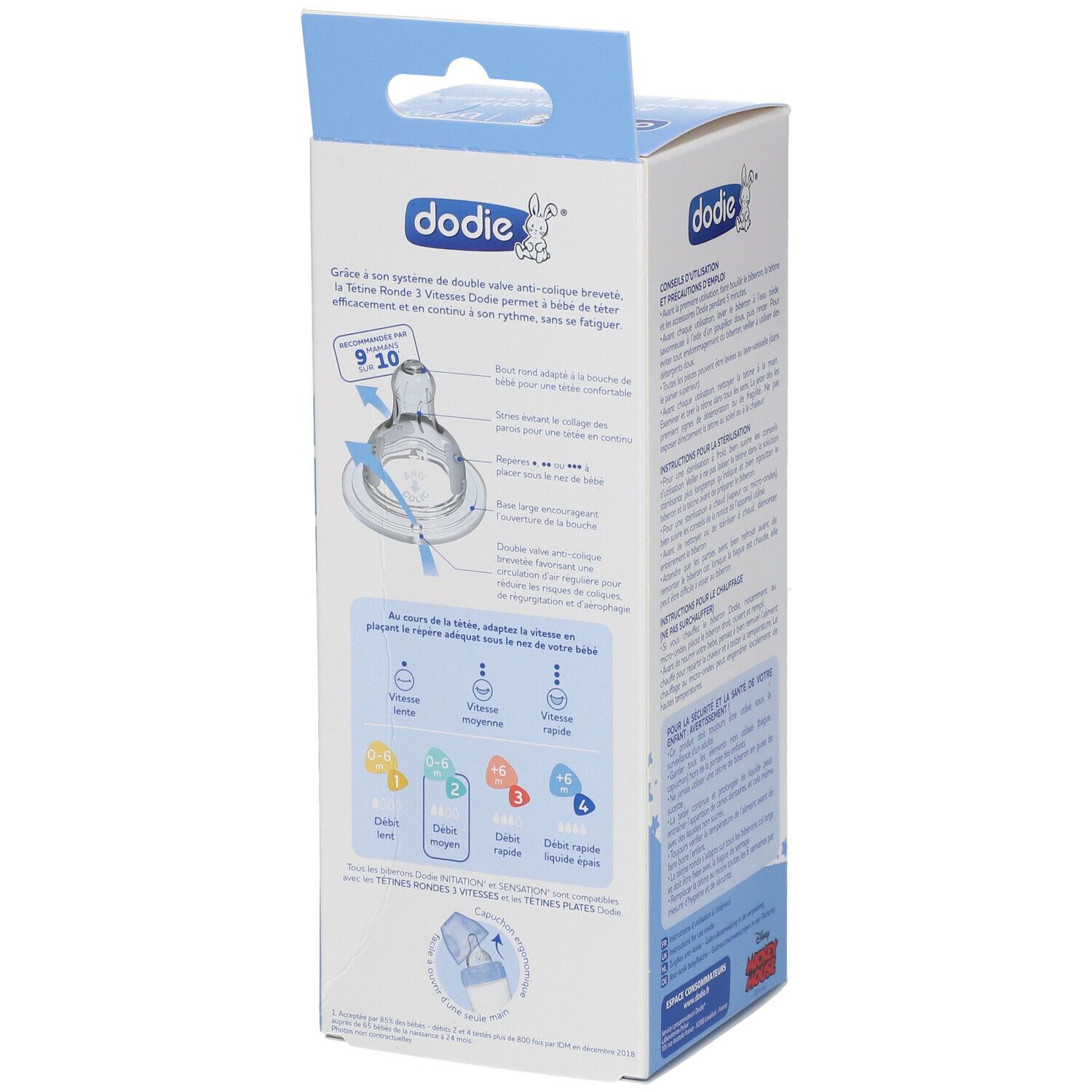 dodie® Biberon Initiation+ 270 ml anti-colique tétine ronde 3 vitesses Disney Mickey Bleu 0-6 mois