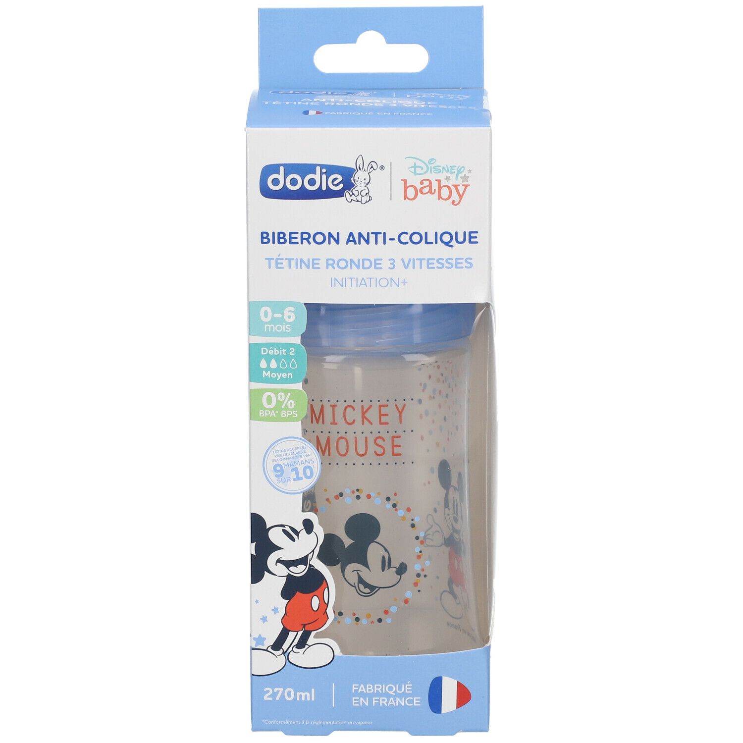 dodie® Biberon Initiation+ 270 ml anti-colique tétine ronde 3 vitesses Disney Mickey Bleu 0-6 mois
