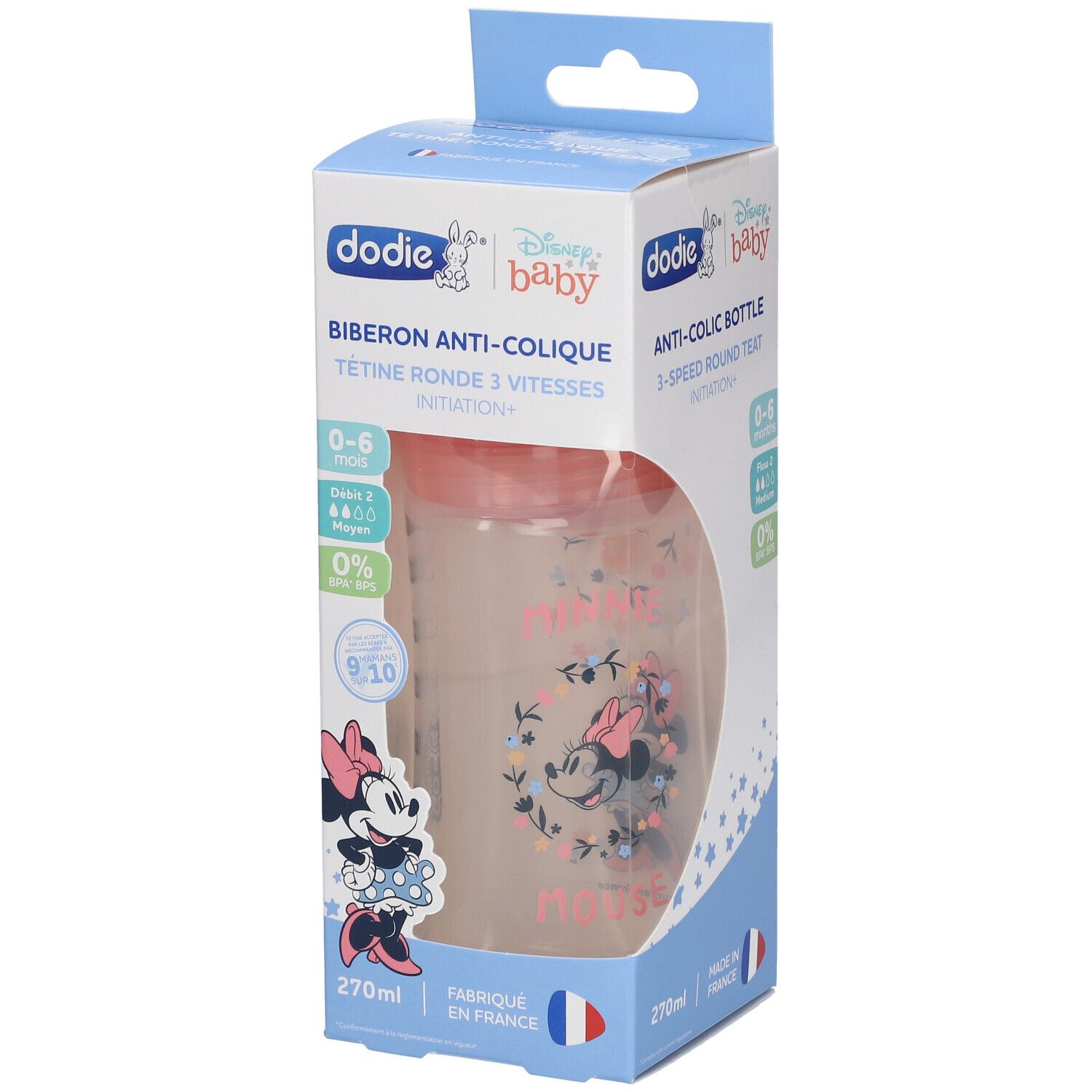 Biberon Dodie Minnie, 270ml, anti-colique, 0-6 mois, en boîte. Motif Minnie rose. Drapeau français. Texte: 3 vitesses.