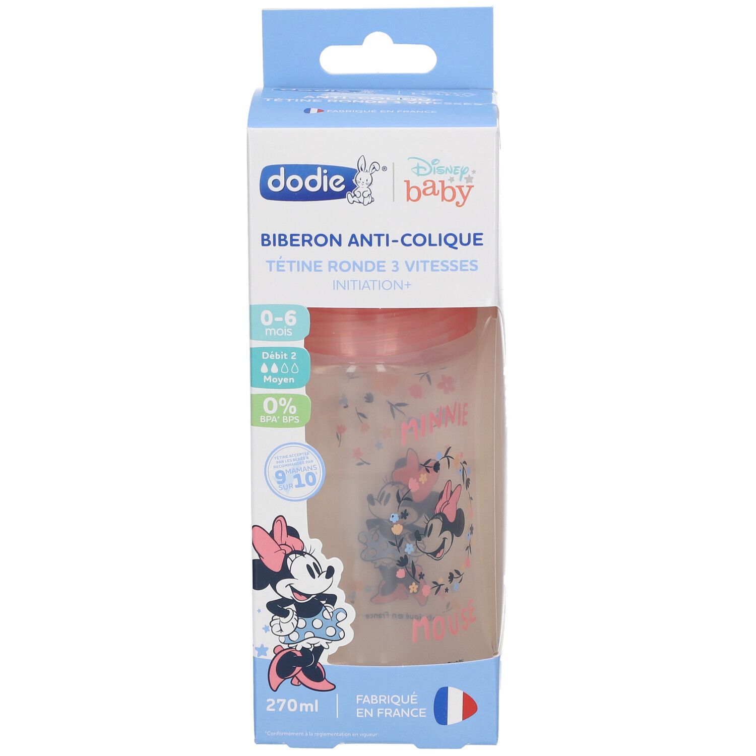 Biberon Dodie Minnie, 270ml, anti-colique, 0-6 mois, en boîte. Motif Minnie rose. Drapeau français. Texte: 3 vitesses.