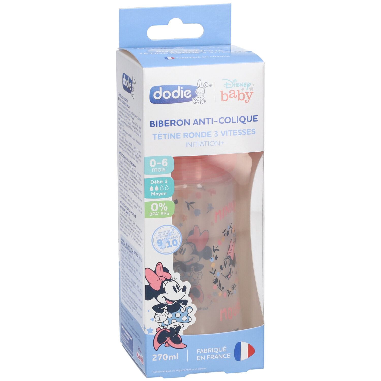 Biberon Dodie Minnie, 270ml, anti-colique, 0-6 mois, en boîte. Motif Minnie rose. Drapeau français. Texte: 3 vitesses.