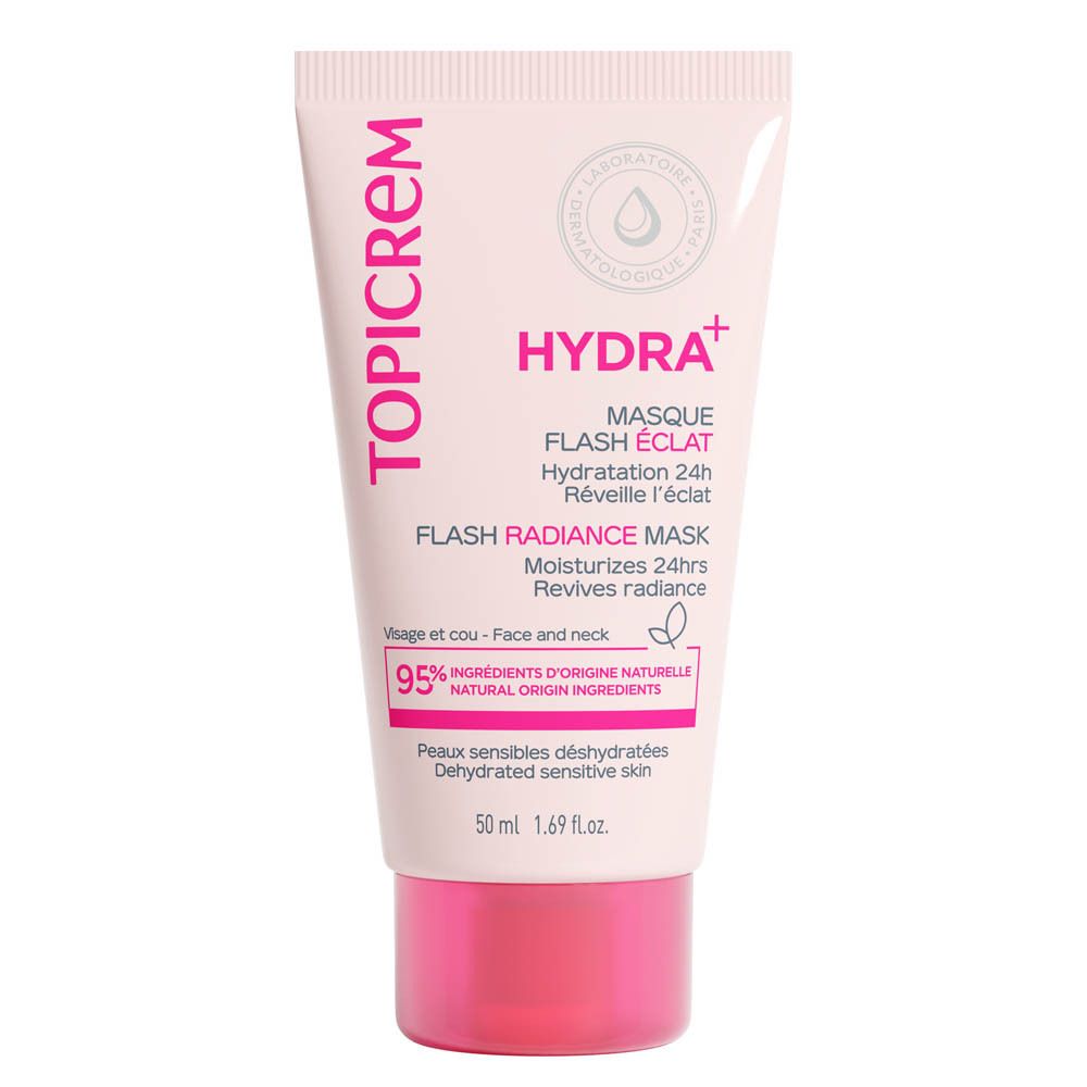 Tube souple avec bouchon rose. Inscriptions TOPICREM, HYDRA+, Flash Radiance Mask. 95% ingrédients d'origine naturelle. 50 ml.