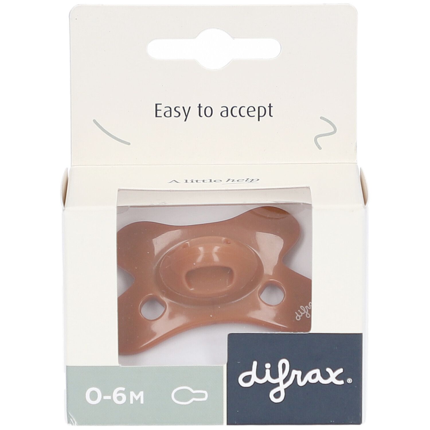 Sucette marron dans un emballage blanc avec fenêtre. Inscription "difrax" et "0-6M".