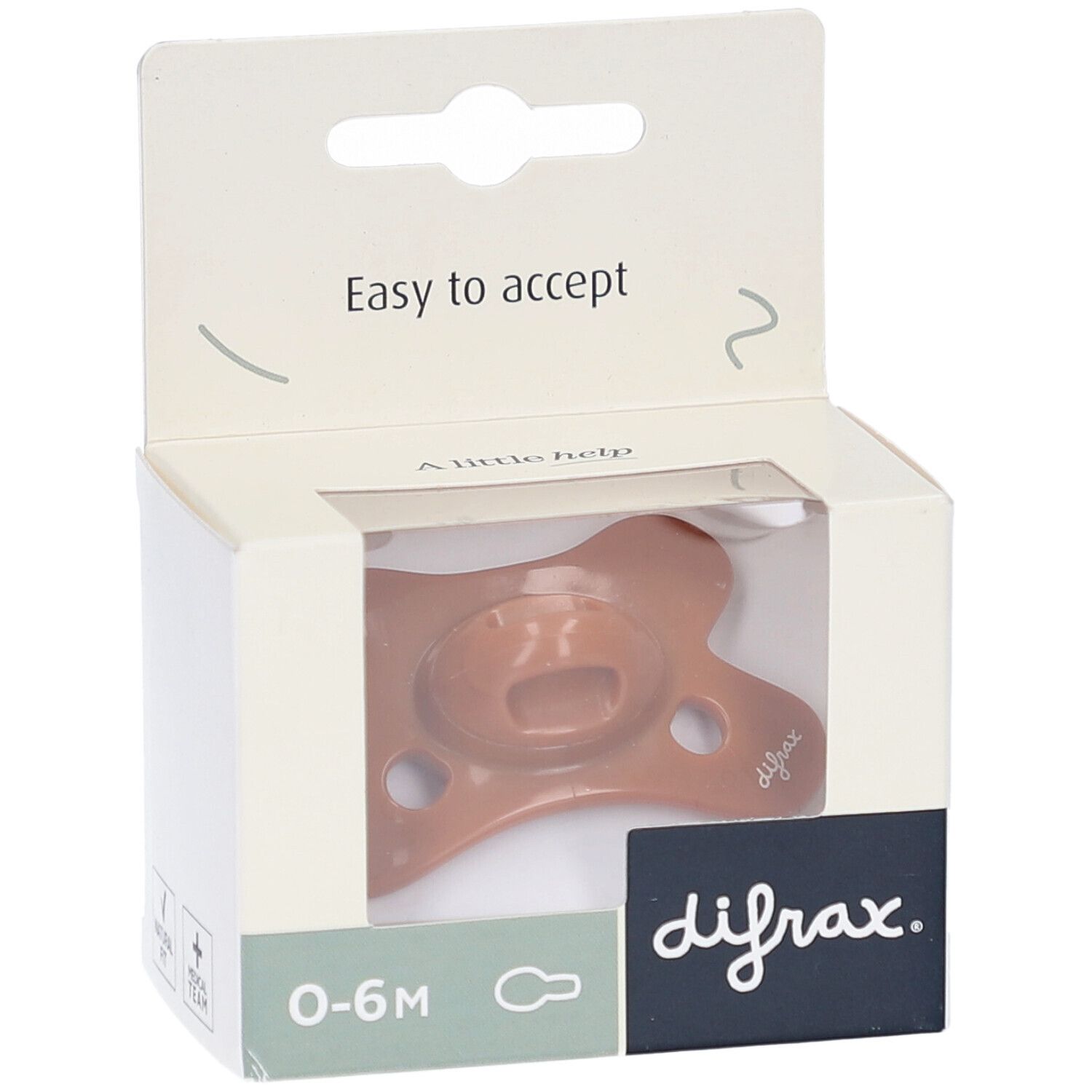 Sucette marron dans un emballage blanc avec fenêtre. Inscription "difrax" et "0-6M".