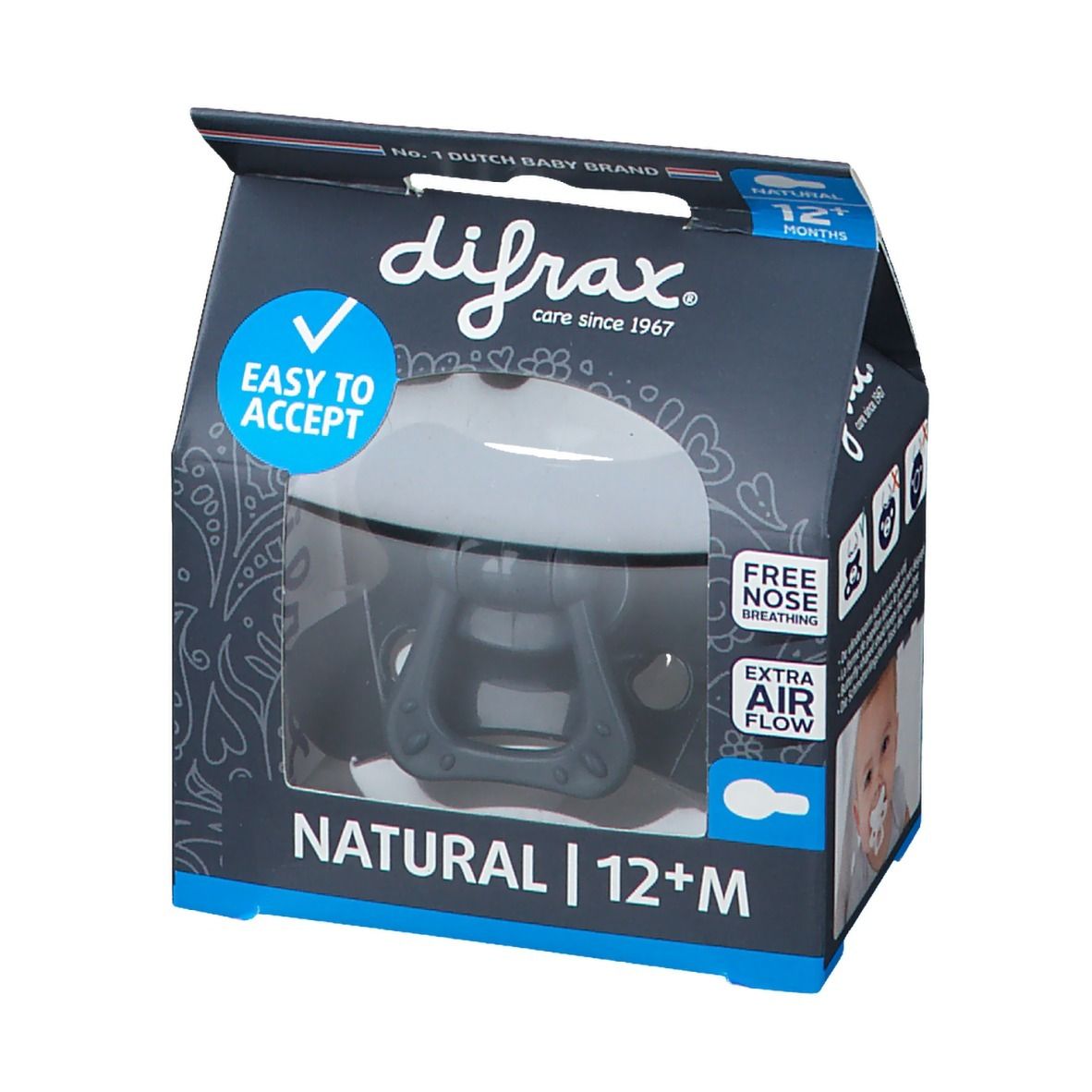 Sucette grise claire dans son emballage. Marque Difrax, texte NATURAL 12+M, 'Easy to Accept' et 'Free Nose Breathing'.