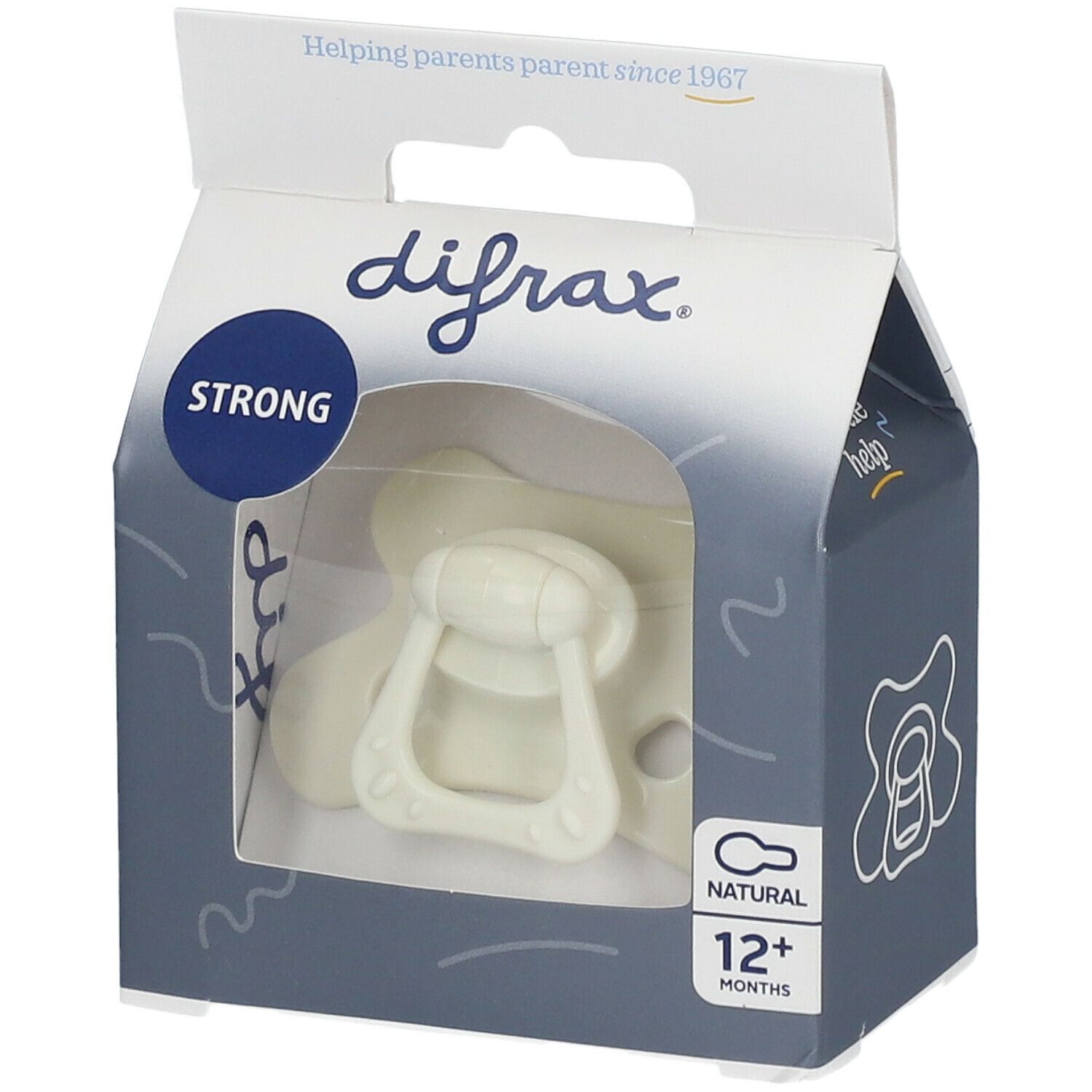 Sucette dans emballage. Visible: marque difrax, NATURAL 12+ mois. Sucette beige avec poignée. Emballage avec fenêtre.