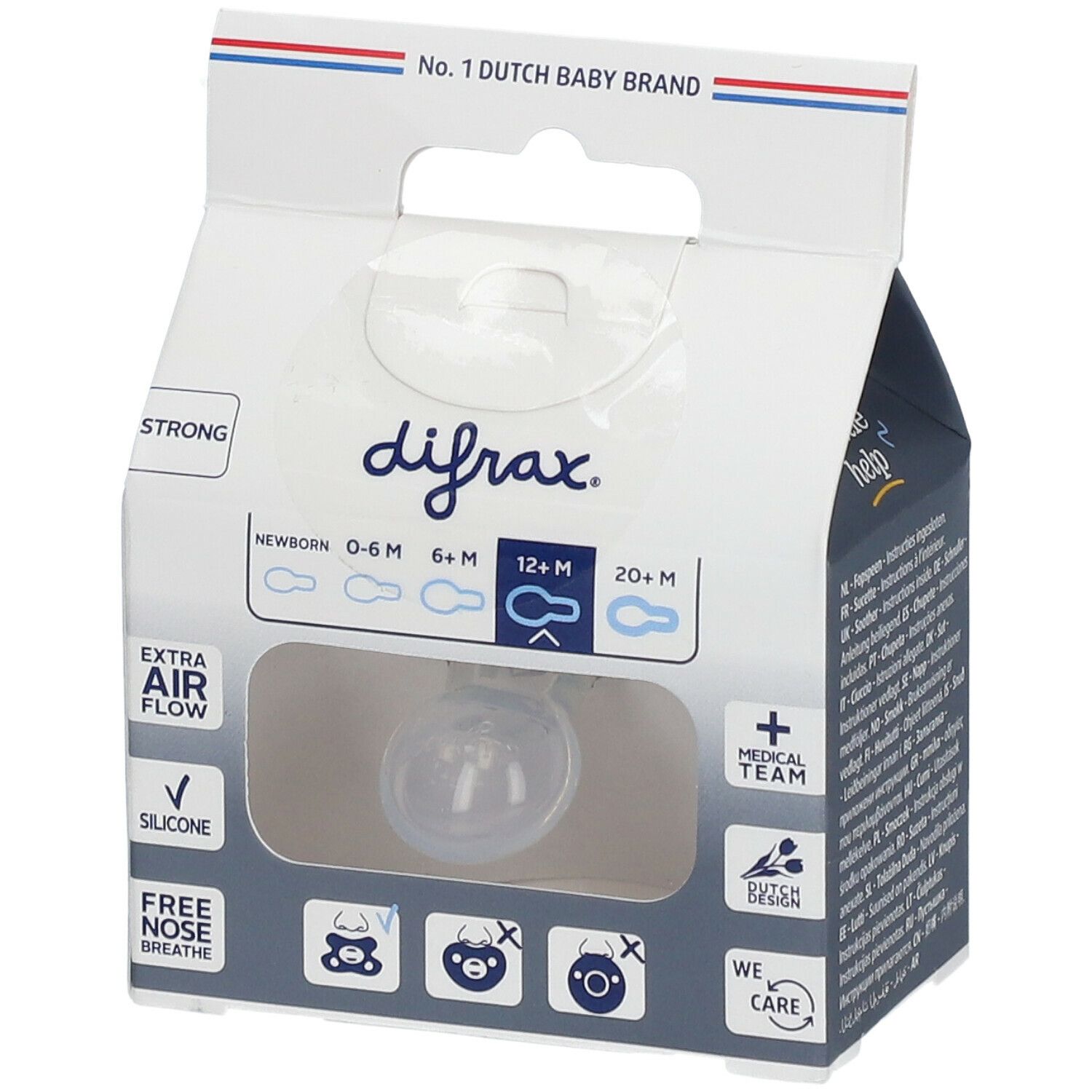 Emballage avec marque difrax. Fenêtre montre sucette. Texte: 12+ M, 0-6 M, 6+ M, 20+ M. Silicone, flux d'air extra.