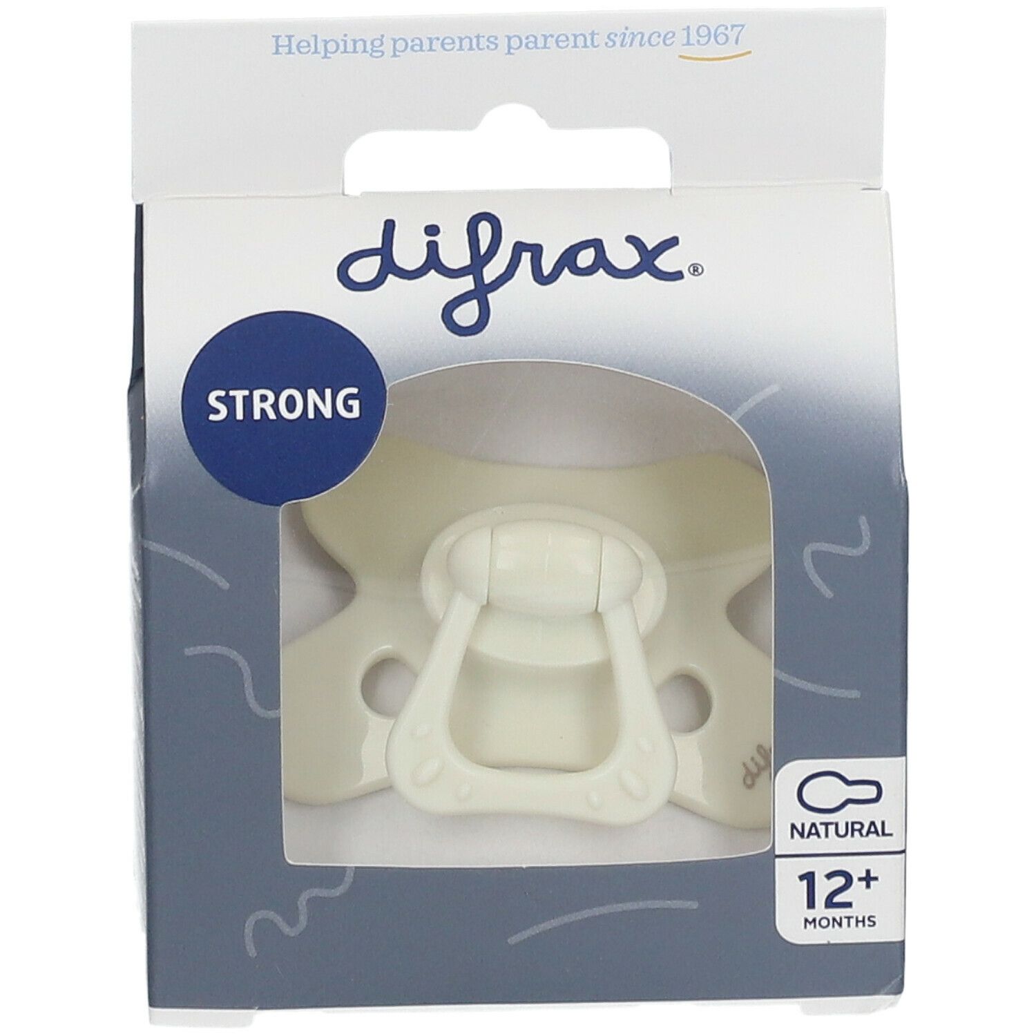 Sucette dans emballage. Marque difrax, NATURAL 12+ mois. Sucette beige avec poignée. Emballage avec fenêtre.