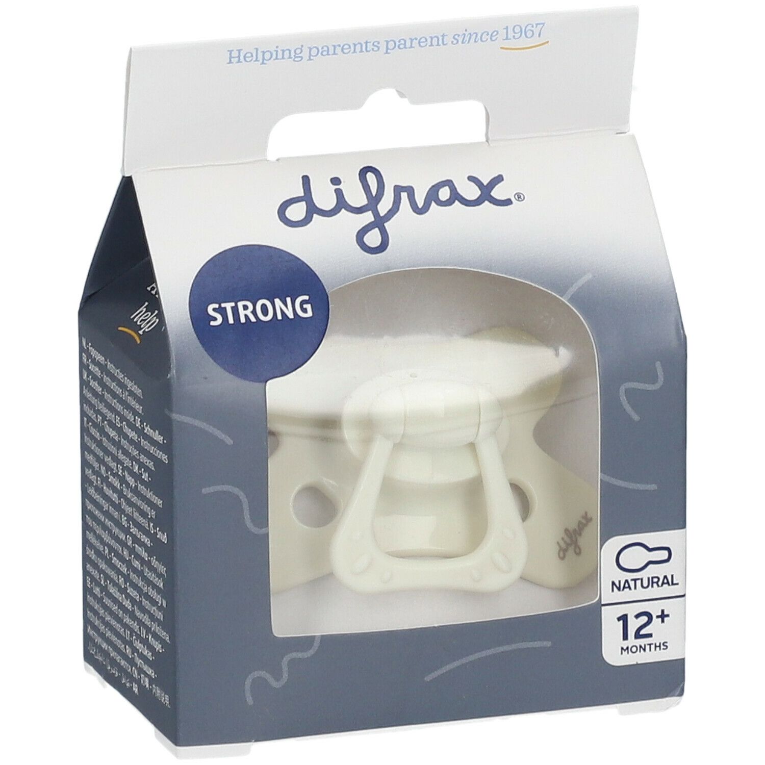 Sucette dans emballage. Marque difrax, NATURAL 12+ mois. Sucette beige avec poignée. Emballage avec fenêtre.