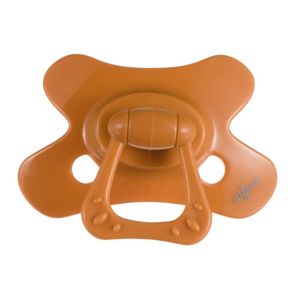 Sucette orange avec bouclier papillon et poignée. Marque Difrax.