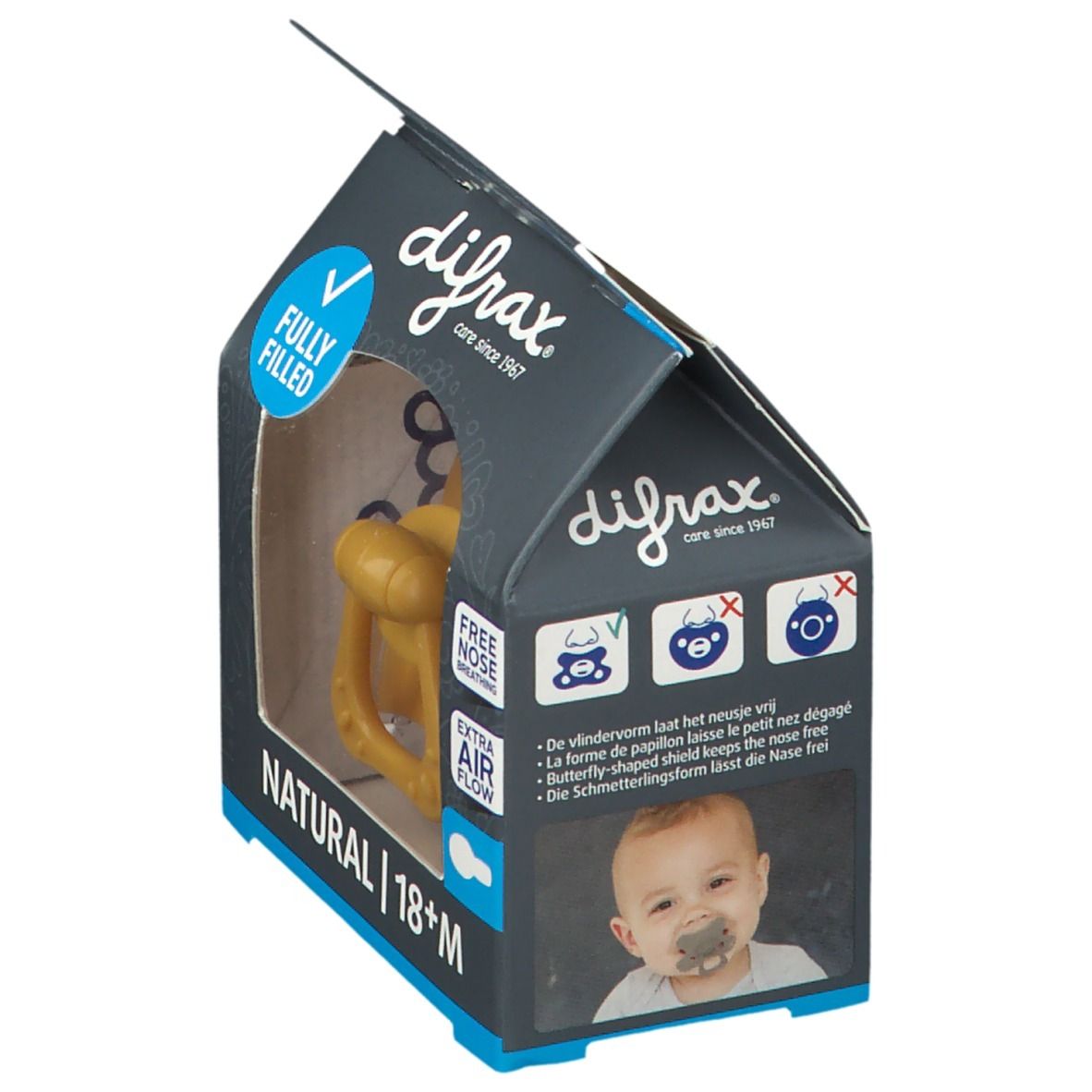 Emballage avec sucette jaune. Inscription: NATURAL | 18+M, difrax. Image: bébé avec sucette. Caractéristiques: respiration nasale libre, circulation d'air.