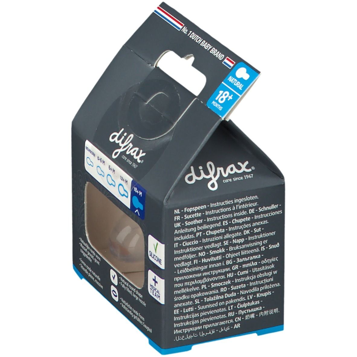 Emballage avec textes et instructions. Inscription: difrax, NATURAL | 18+M. Tailles: 0-6M, 6-12M, 12+M. Matériau: silicone.