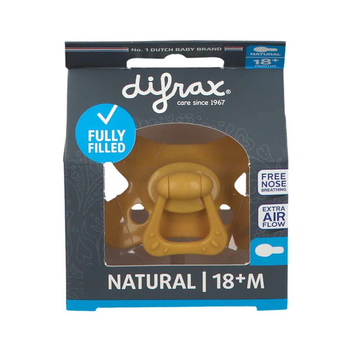 Emballage avec sucette jaune. Inscription: NATURAL | 18+M, difrax. Caractéristiques: remplissage complet, respiration nasale libre, circulation d'air.