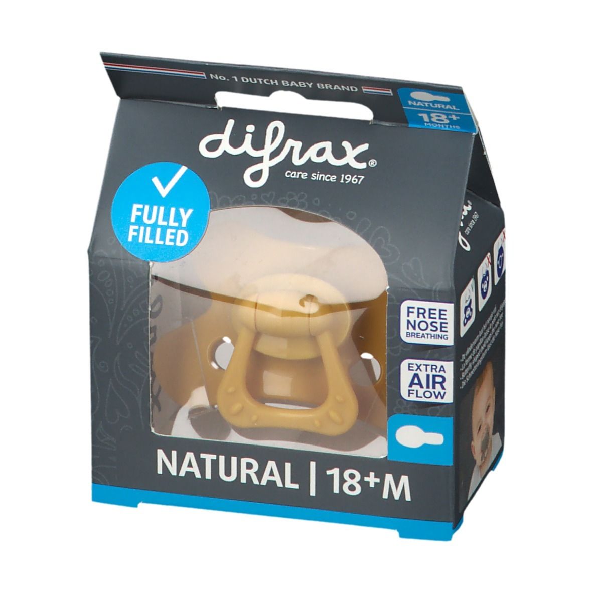 Emballage avec sucette jaune. Inscription: NATURAL | 18+M, difrax. Caractéristiques: remplissage complet, respiration nasale libre, circulation d'air.