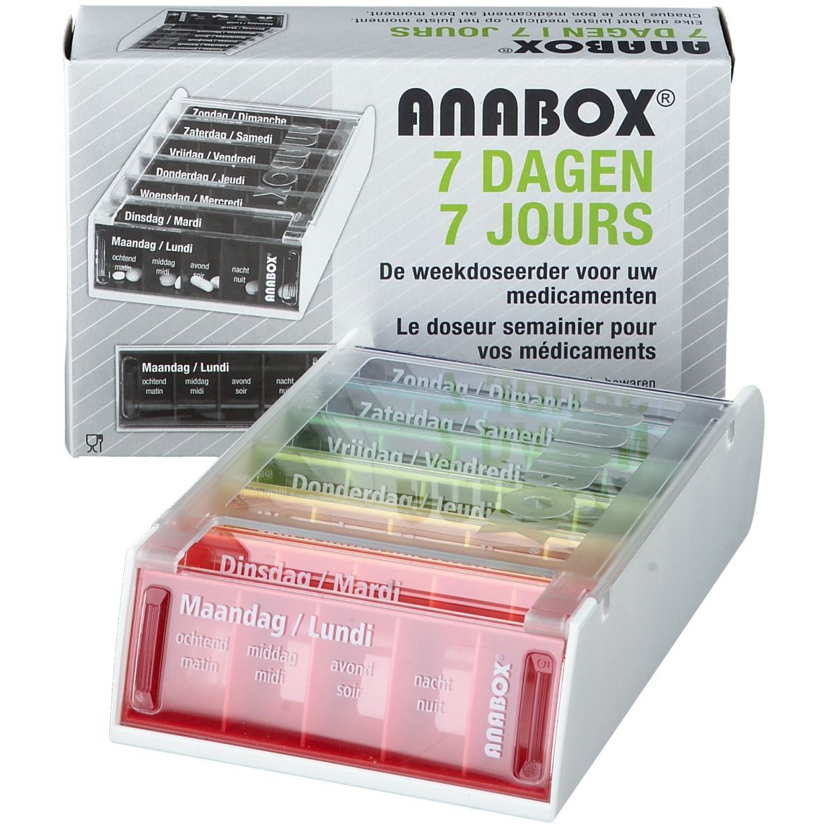 Pilulier multicolore à sept compartiments, jours de la semaine. Couvercles transparents, base blanche, tiroir rouge. Logo "ANABOX".