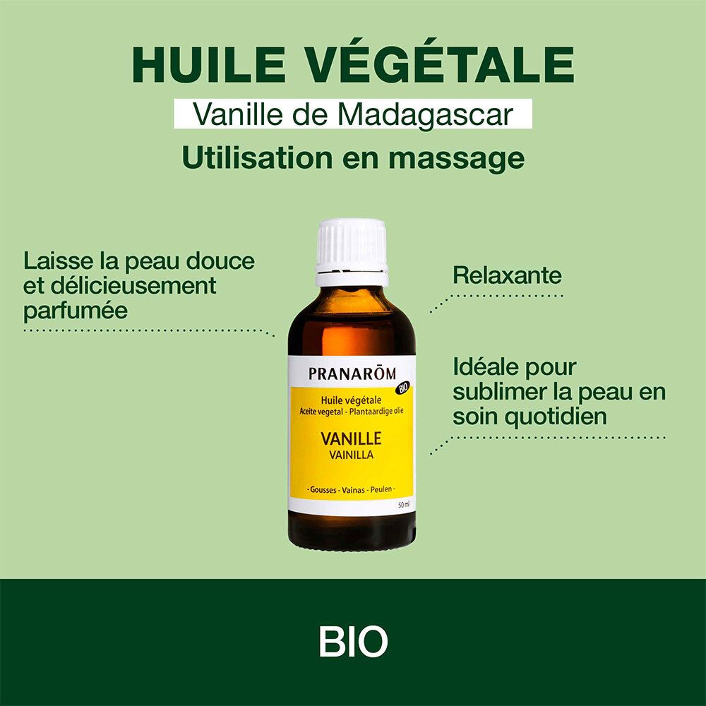 PRANAROM Huile végétale Vanille. Flacon. 50 ml. Certification Bio. Texte: Huile végétale, Vanille de Madagascar.